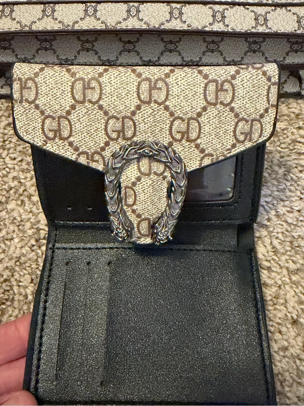 Beige Brown Monogram Shoulder Bag with Gold Buckle with a matching wallet.